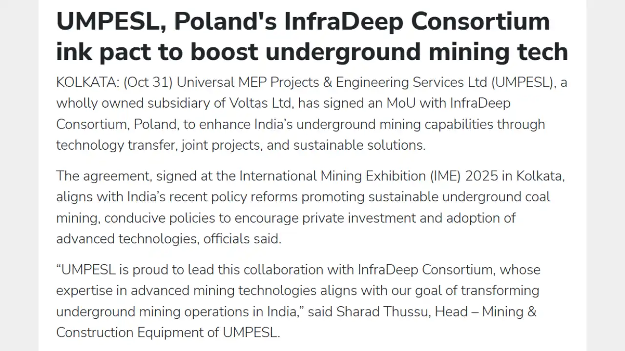 UMPESL, Poland's InfraDeep Consortium ink pact to boost underground mining tech
